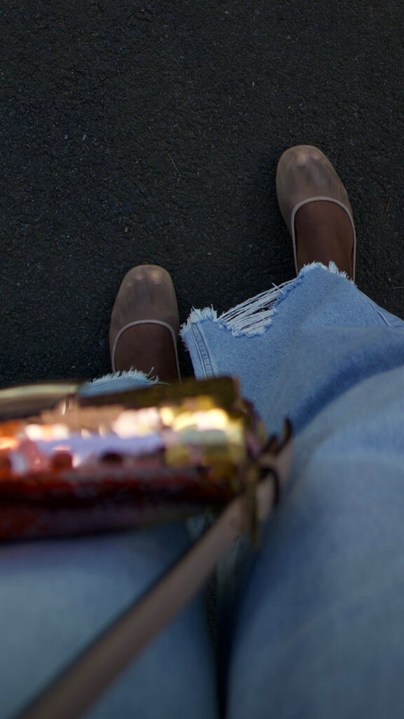 Mesh ballet flats, light wash barrel jeans